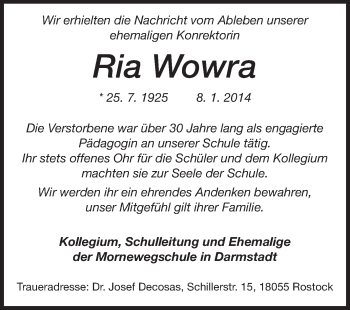 Traueranzeige von Ria Wowra von Echo-Zeitungen (Gesamtausgabe)