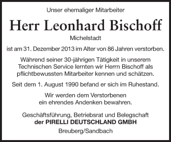 Traueranzeige von Leonhard Bischoff von Odenwälder Echo