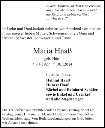 Traueranzeige von Maria Haaß von Rüsselsheimer Echo, Groß-Gerauer-Echo, Ried Echo