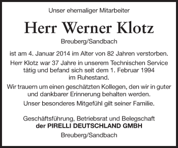 Traueranzeige von Werner Klotz von Odenwälder Echo