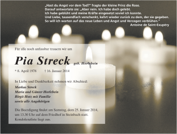 Traueranzeige von Pia Streck von Odenwälder Echo