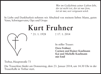 Traueranzeige von Kurt Fruhner von Rüsselsheimer Echo, Groß-Gerauer-Echo, Ried Echo
