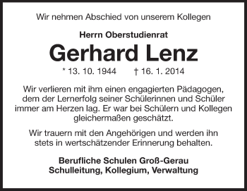 Traueranzeige von Gerhard Lenz von Rüsselsheimer Echo, Groß-Gerauer-Echo, Ried Echo