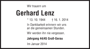 Traueranzeige von Gerhard Lenz von Rüsselsheimer Echo, Groß-Gerauer-Echo, Ried Echo