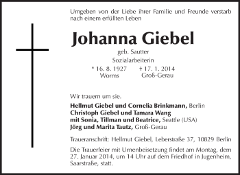Traueranzeige von Johanna Giebel von Echo-Zeitungen (Gesamtausgabe)