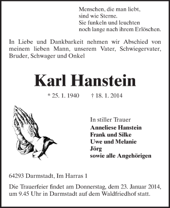 Traueranzeige von Karl Hanstein von Echo-Zeitungen (Gesamtausgabe)