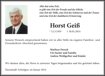 Traueranzeige von Horst Geiß von Echo-Zeitungen (Gesamtausgabe)