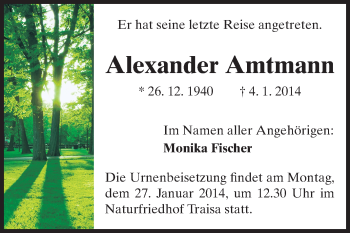 Traueranzeige von Alexander Amtmann von Echo-Zeitungen (Gesamtausgabe)