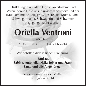 Traueranzeige von Oriella Ventrino von Starkenburger Echo