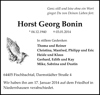Traueranzeige von Horst Georg Bonin von Darmstädter Echo, Odenwälder Echo, Rüsselsheimer Echo, Groß-Gerauer-Echo, Ried Echo