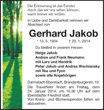 Traueranzeige von Gerhard Jakob von Echo-Zeitungen (Gesamtausgabe)