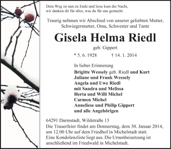 Traueranzeige von Gisela Helma Riedl von Echo-Zeitungen (Gesamtausgabe)