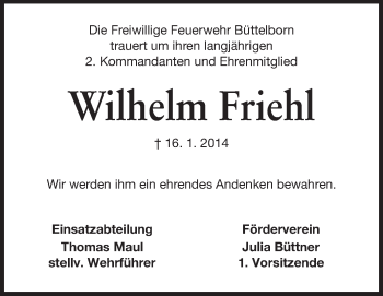Traueranzeige von Wilhelm Friehl von Rüsselsheimer Echo, Groß-Gerauer-Echo, Ried Echo