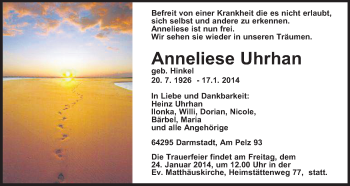 Traueranzeige von Anneliese Uhrhan von Echo-Zeitungen (Gesamtausgabe)