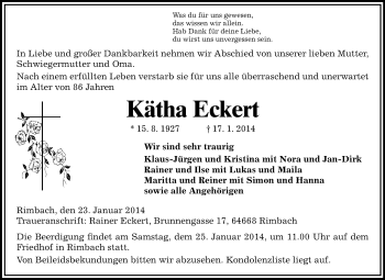 Traueranzeige von Kätha Eckert von Starkenburger Echo