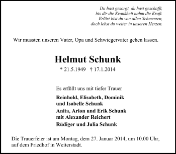 Traueranzeige von Helmut Schunk von Echo-Zeitungen (Gesamtausgabe)