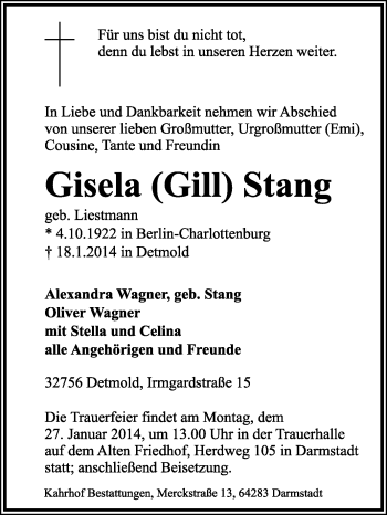 Traueranzeige von Gisela Stang von Echo-Zeitungen (Gesamtausgabe)