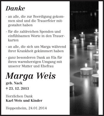 Traueranzeige von Marga Weis von Starkenburger Echo