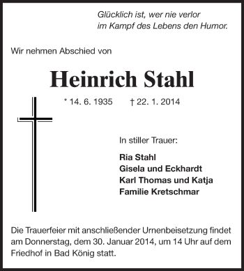 Traueranzeige von Heinrich Stahl von Odenwälder Echo