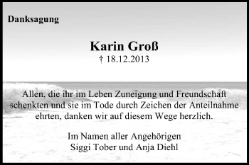 Traueranzeige von Karin Groß von Rüsselsheimer Echo, Groß-Gerauer-Echo, Ried Echo
