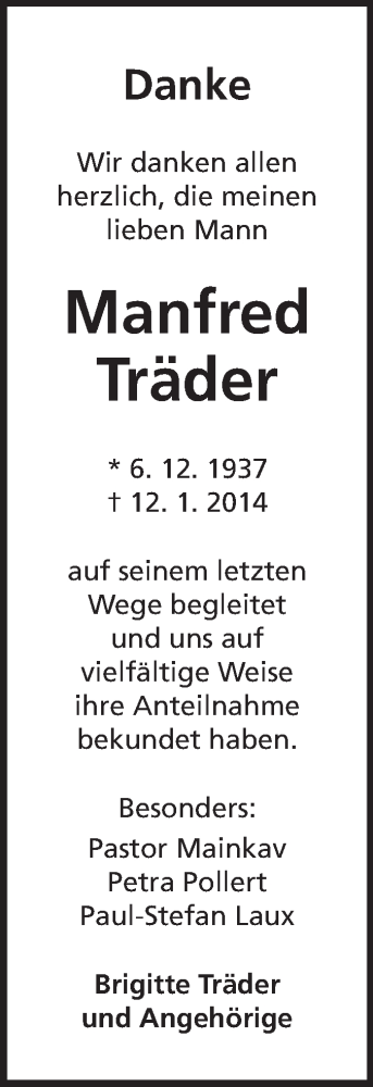 Traueranzeige von Manfred Träder von Echo-Zeitungen (Gesamtausgabe)