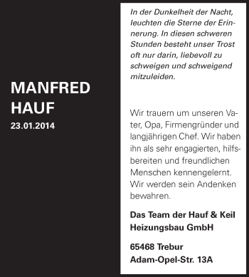 Traueranzeige von Manfred Hauf von Echo-Zeitungen (Gesamtausgabe)