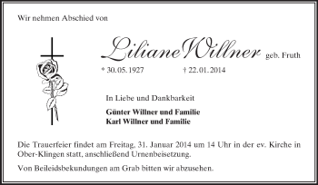 Traueranzeige von Liliane Willner von Echo-Zeitungen (Gesamtausgabe)