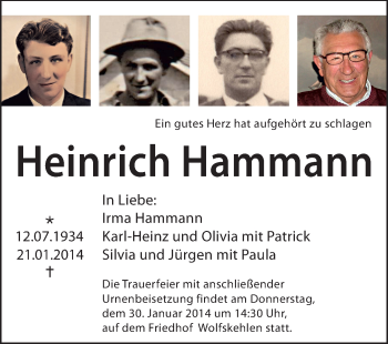 Traueranzeige von Heinrich Hammann von Rüsselsheimer Echo, Groß-Gerauer-Echo, Ried Echo