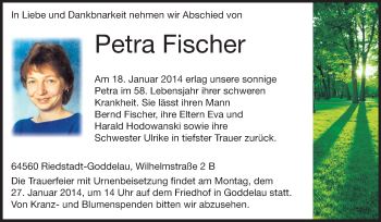 Traueranzeige von Petra Fischer von Rüsselsheimer Echo, Groß-Gerauer-Echo, Ried Echo