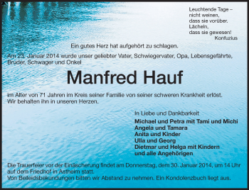 Traueranzeige von Manfred Hauf von Rüsselsheimer Echo, Groß-Gerauer-Echo, Ried Echo