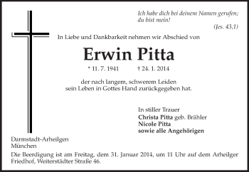 Traueranzeige von Erwin Pitta von Echo-Zeitungen (Gesamtausgabe)
