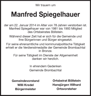 Traueranzeige von Manfred Spiegelhauer von Odenwälder Echo