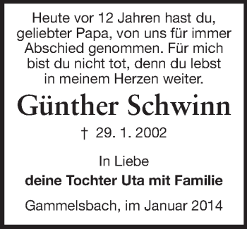 Traueranzeige von Günther Schwinn von Odenwälder Echo