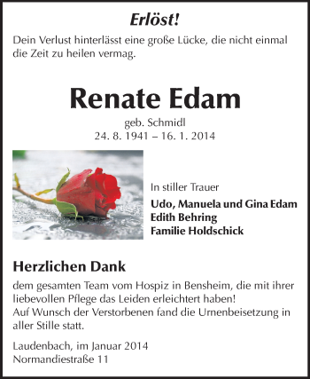 Traueranzeige von Renate Edam von Starkenburger Echo, Bergsträßer Anzeiger