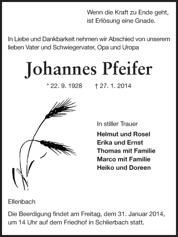 Traueranzeige von Johannes Pfeifer von Starkenburger Echo, Bergsträßer Anzeiger