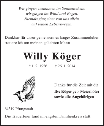 Traueranzeige von Willy Köger von Echo-Zeitungen (Gesamtausgabe)