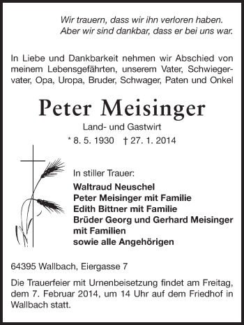 Traueranzeige von Peter Meisinger von Echo-Zeitungen (Gesamtausgabe)