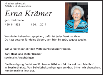 Traueranzeige von Erna Krämer von Odenwälder Echo