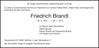 Traueranzeige von Friedrich Brandl von Echo-Zeitungen (Gesamtausgabe)