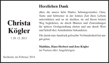 Traueranzeige von Christa Kögler von Echo-Zeitungen (Gesamtausgabe)