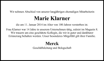 Traueranzeige von Marie Klarner von Echo-Zeitungen (Gesamtausgabe)