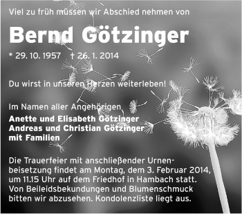 Traueranzeige von Bernd Götzinger von Starkenburger Echo