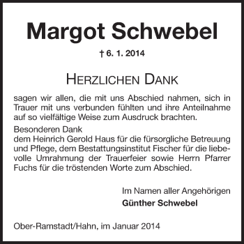 Traueranzeige von Margot Schwebel von Echo-Zeitungen (Gesamtausgabe)