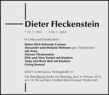 Traueranzeige von Dieter Fleckenstein von Echo-Zeitungen (Gesamtausgabe)