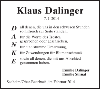Traueranzeige von Klaus Dalinger von Echo-Zeitungen (Gesamtausgabe)