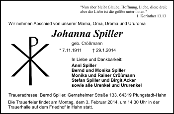 Traueranzeige von Johanna Spiller von Echo-Zeitungen (Gesamtausgabe)