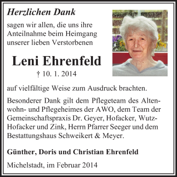 Traueranzeige von Leni Ehrenfeld von Odenwälder Echo