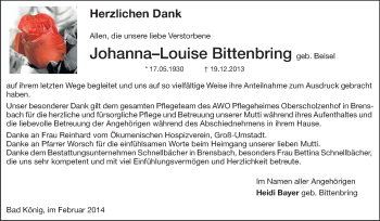 Traueranzeige von Johanna-Louise Bittenbring von Odenwälder Echo
