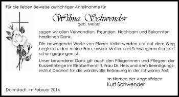 Traueranzeige von Wilma Schwender von Echo-Zeitungen (Gesamtausgabe)
