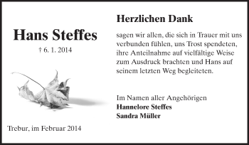 Traueranzeige von Hans Steifes von Rüsselsheimer Echo, Groß-Gerauer-Echo, Ried Echo